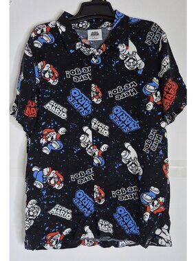 Super Mario Short Sleeve Button Up All Over Print Collared Shirt Youth Boys Size
